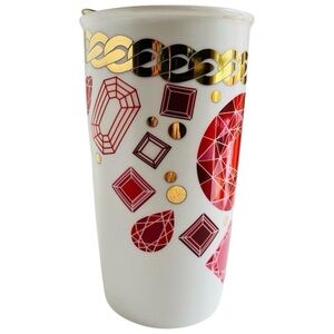 Starbucks 2014 Red Jewel Ruby Gems Gold Chain Ceramic Traveler Tumbler